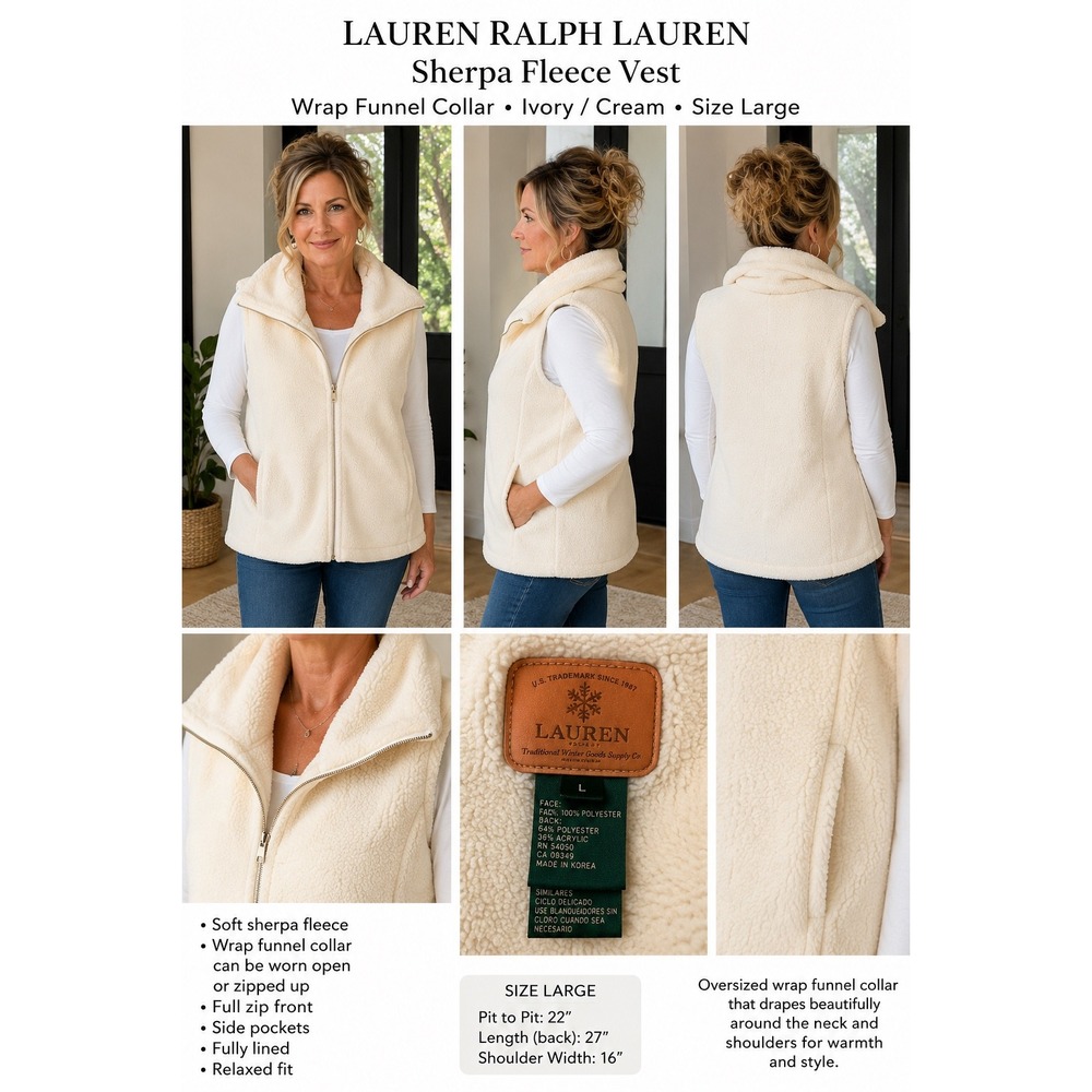 Lauren Ralphโ Lauren Sherpa Fleece Vest Wrap Funnel Collar Ivory Cream L